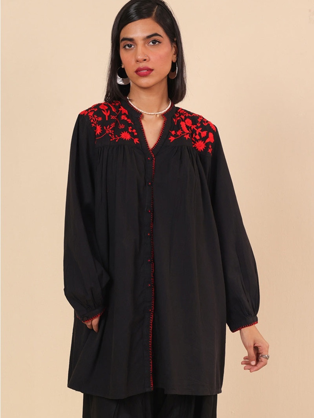 Generation Cottage 12 Button-Front Tunic with Red Embroidery
